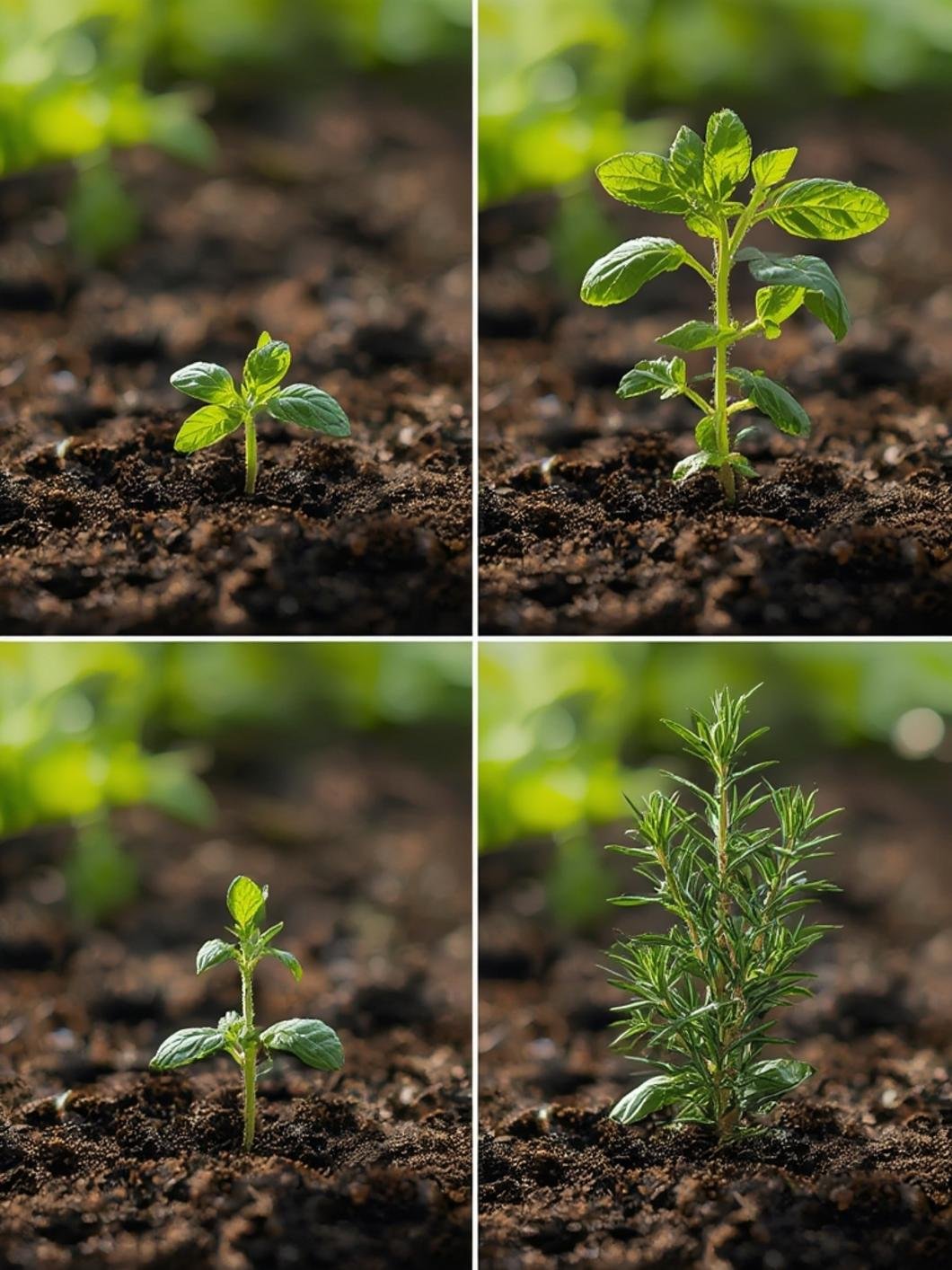 Close-up of healthy basil and rosemary seedlings