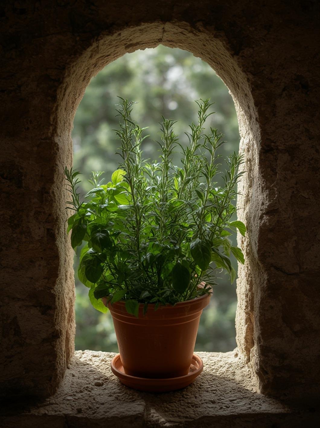 Basil and Rosemary plants growing in containers